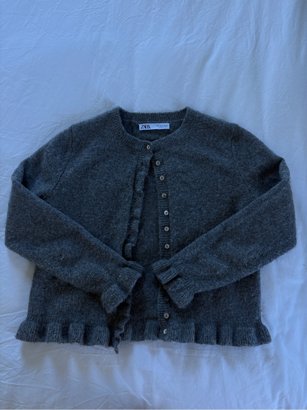 Zara Charcoal Gray Ruffle-Hem Button Cardigan